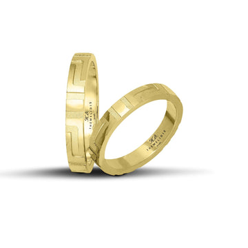 Πρωτότυπες χρυσές βέρες γάμου 3.5 mm με λουστρέ και ματ γεωμετρικά σχέδια, ιδανικές για ζευγάρια που εκτιμούν τη λεπτομέρεια και τη μοντέρνα αισθητική, διαθέσιμες σε 9, 14, 18 ή 22 καράτια.